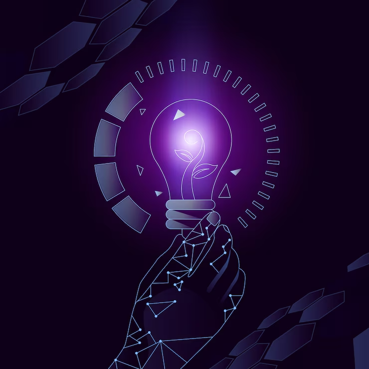 Digital hand holding a glowing lightbulb with a plant sprout inside, surrounded by geometric shapes, symbolizing AI-driven innovation and growth.