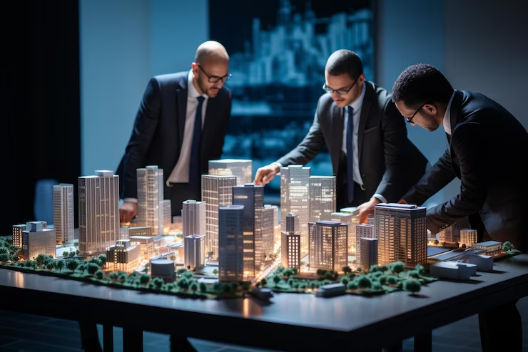 Three businessmen in suits examining a detailed architectural model of a city, representing urban planning or real estate development.