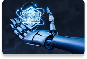 Robotic hand holding a glowing abstract data structure